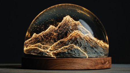 Illuminated mountain range in a glass sphere, resting on a wooden baseの素材