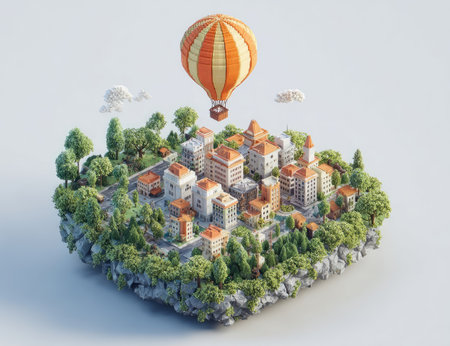 Low-poly city with hot air balloon, park, and treesの素材