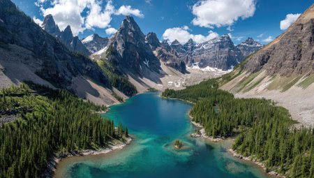 Mountain lake, lush greenery, blue water, dramatic peaksの素材