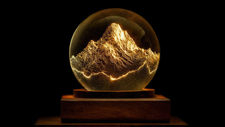 Illuminated mountain sphere on wooden baseの素材