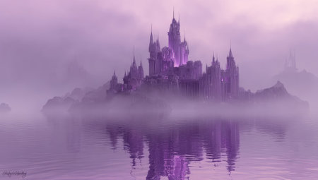 Misty purple castle on an islandの素材