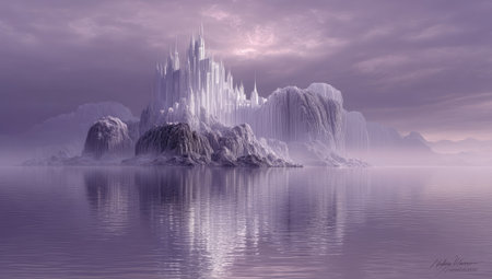 Ice castle on a misty islandの素材