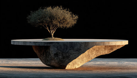 Floating concrete platform with small treeの素材