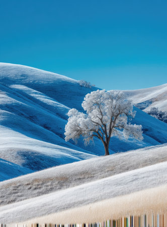 Snowy hills, frosted tree, vibrant blue skyの素材