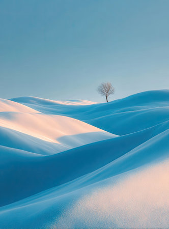 Snow-covered hills, solitary tree, serene landscapeの素材