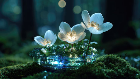 Glowing white flowers in a crystal bowl, forest settingの素材