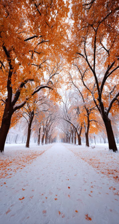 Snowy winter path lined with autumnal treesの素材