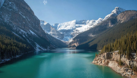Majestic alpine lake nestled amongst snow-capped peaksの素材
