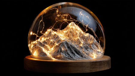 Mountain scene in glass globe, litの素材