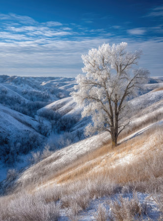 Frosty tree atop a snow-covered hill, valley belowの素材