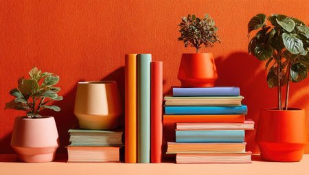 Books and plants on a peachy orange backdropの素材