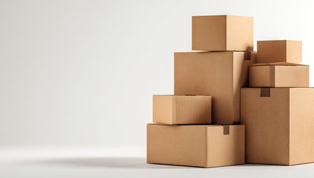 Cardboard boxes stacked against white backgroundの素材