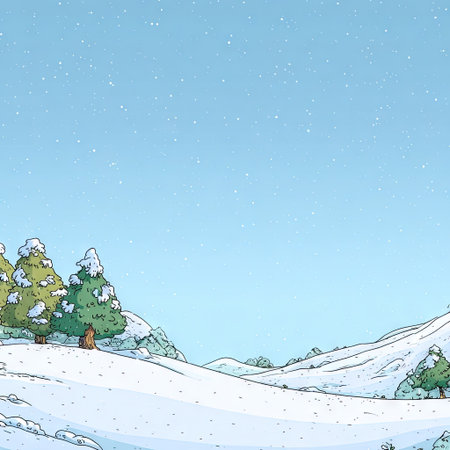 Snowy landscape with trees under a pale blue skyの素材