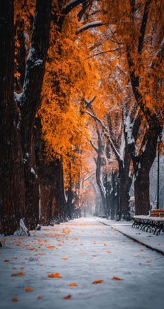 Snowy path lined with orange treesの素材