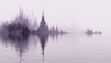 Misty, purple-toned cityscape reflected on waterの素材
