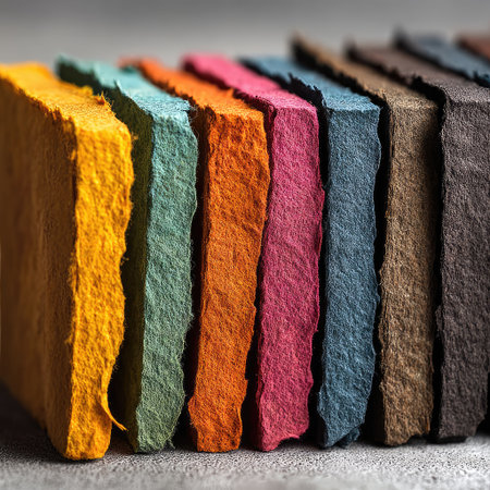 A row of hand-dyed paper swatches in various colors, including orange and pink hues, is neatly arranged on the right side of an isolated white background. The focus is set at eye level to highlight the texture and coloration of each piece, with soft lighting casting gentle shadows across them. This artistic presentation emphasizes their diversity while maintaining simplicity and clarity for designers or artists looking for inspiration. --chaos 30 --stylize 750 --v 7 Job ID: db9bb379-ca78-40fe-8ea5-949153a2b887の素材