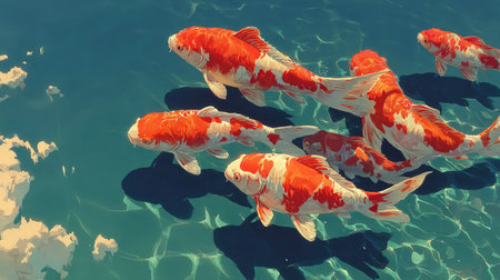 A school of orange fish swimming in the water, sunlight shining on them from above, creating beautiful light and shadow effects. The background is blue with some white clouds floating, creating an atmosphere full of vitality. --chaos 20 --ar 16:9 --stylize 750 --v 7 Job ID: 5e2e4f47-0881-4072-9524-f88d724af9abの素材