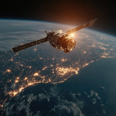 A satellite floating in space, shining with light over the Earth's surface. --chaos 30 --stylize 750 --v 7 Job ID: f2e826f5-efbb-4532-bc99-5114f70f11ecの素材