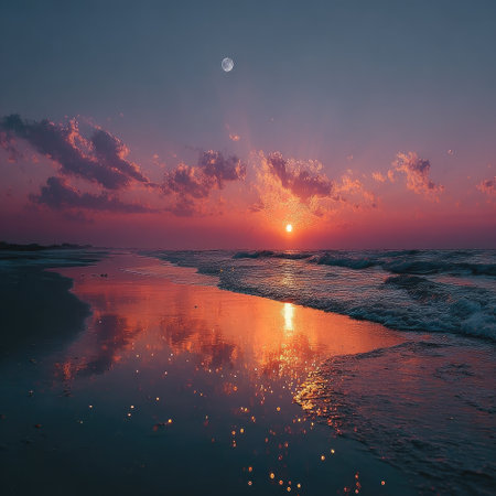 A serene beach at sunset, with pastel pink and purple clouds in the sky, reflecting on the calm waters. The horizon is a gradient of blue to orange, creating an atmosphere of tranquility and peace. A small moon can be seen above, adding depth to the scene. This photograph captures the beauty of nature's artistry, evoking feelings of relaxation and contemplation. --chaos 30 --stylize 750 --v 7 Job ID: d7170cad-20c7-4b33-81c1-6b0c1164b958の素材