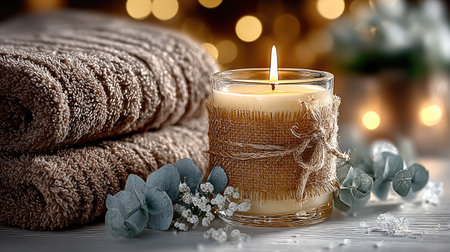 A scented candle, wrapped in jute and eucalyptus leaves, is placed on the right side of the frame, with a light grey background and a white tabletop. The candle's wax glows softly against a soft, pastel-like bokeh background, creating an atmosphere filled with warmth and tranquility. This scene embodies relaxation through the aroma of the candle and the comfort associated with spa experiences. It gives off an elegant ambiance that adds depth and sophistication to the space. --chaos 20 --ar 16:9 --stylize 750 --v 7 Job ID: f86de650-15d0-4af6-9b48-372bcb6226f5の素材