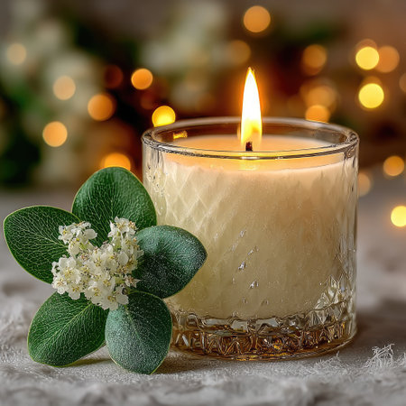 A scented candle and small eucalyptus leaves next to it, with a white background and blurred lights in the background, isolated on a pastel background. --chaos 30 --stylize 750 --v 7 Job ID: f0462cf2-0cc9-42b1-9ca7-a5a97ca935d2の素材