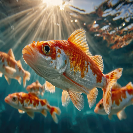 A school of orange fish swimming in the water, blue background, sunlight rays, wide shot, hyper-realistic photography. --chaos 30 --stylize 750 --v 7 Job ID: 7186c666-ce9a-4c8f-9f32-af040dcada71の素材