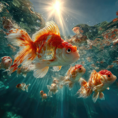 A school of orange fish swimming in the water, blue background, sunlight rays, wide shot, hyper-realistic photography. --chaos 30 --stylize 750 --v 7 Job ID: 7186c666-ce9a-4c8f-9f32-af040dcada71の素材
