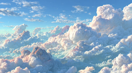 A serene blue sky with fluffy white clouds, perfect for creating an elegant background or backdrop. The sky is clear and blue, dotted with soft white clouds that add depth to the scene. This background would be ideal for creative projects where you need something calm yet visually appealing. It could convey tranquility and nature's beauty in your design work, an ultra-realistic photograph captured in the style of a high-resolution 3D render using a Canon EOS-5D Mark III camera with a macro lens. --chaos 20 --ar 16:9 --stylize 750 --v 7 Job ID: 595dfc1a-a21a-4d3b-9b47-b2b860dd738eの素材