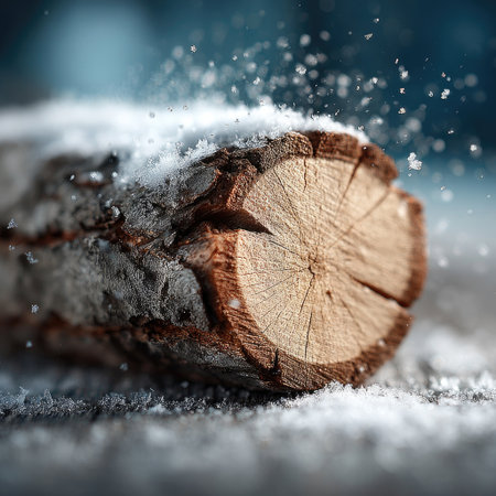 A round log is covered with snow in the forest, macro photography, in the style of Nikon D850, with white and brown tones, pure background, centered composition, blurred foreground, low angle view, cold winter scenery. The wooden board lies on its side, with a dark gray color tone and a blurred focus. A small amount of ice crystals can be seen around it. --chaos 30 --stylize 750 --v 7 Job ID: 47428b03-26d0-46d7-a612-3f152d291a45の素材