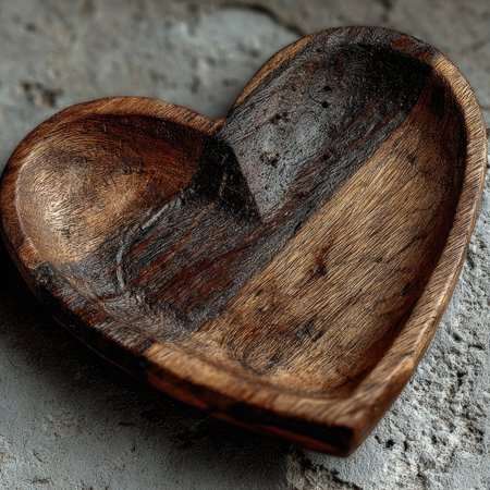 A simple heart-shaped wooden plate, placed on the clean concrete wall, with a solid color background and a minimalist style. The front view showcases its delicate texture and details. --chaos 30 --stylize 750 --v 7 Job ID: 31a9e167-01eb-4476-944d-7f8faf53075fの素材