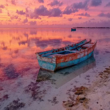 A small boat in the middle of a calm body of water, the reflection of a sunset sky, beautiful and vibrant colors. High-definition photography. --chaos 30 --stylize 750 --v 7 Job ID: 06b50e57-0f37-4ed1-8997-e3039ad5488eの素材