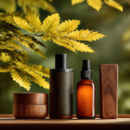 A set of wooden skincare products on the table, surrounded by yellow trees and green leaves outside the window, illuminated by warm light. The design is inspired by nature with exquisite details, creating an atmosphere of tranquility and calmness. It uses natural materials such as wood to enhance its sense of eco-friendly design. The image depicts a minimalist protagonist, dark brown background, in the style of traditional Chinese style, product display platform, front view, symmetrical composition, and soft lighting. --chaos 30 --stylize 750 --v 7 Job ID: 8c9d7f6d-3eb5-4f1c-9a33-5dc397ae0f63の素材