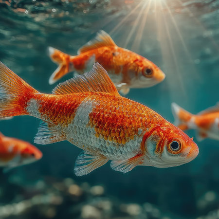 A school of orange fish swimming in the water, light blue background, sun rays shining through, photorealistic style, high resolution, professional photography, sharp focus, natural colors, studio lighting, finest details, exceptional quality. --chaos 30 --stylize 750 --v 7 Job ID: ad66e516-3773-4607-92c2-c99d80f45d86の素材