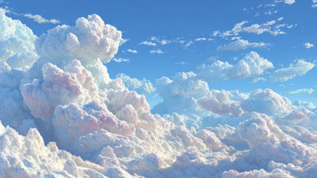 A serene blue sky with fluffy white clouds, perfect for creating an elegant background or backdrop. The sky is clear and blue, dotted with soft white clouds that add depth to the scene. This background would be ideal for creative projects where you need something calm yet visually appealing. It could convey tranquility and nature's beauty in your design work, an ultra-realistic photograph captured in the style of a high-resolution 3D render using a Canon EOS-5D Mark III camera with a macro lens. --chaos 20 --ar 16:9 --stylize 750 --v 7 Job ID: 595dfc1a-a21a-4d3b-9b47-b2b860dd738eの素材