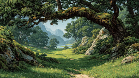 A serene, misty meadow with lush green grass and towering oak trees. The sunlight filters through the leaves, creating dappled light on the ground. A large, moss-covered tree branch hangs down from above. In the style of fantasy illustration. --ar 16:9 --quality 2 --stylize 750 --v 7 Job ID: 887b34ac-5970-4ec4-ade4-701dc633fdafの素材