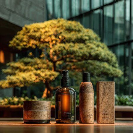 A set of wooden skincare products on the table, surrounded by yellow trees and green leaves outside the window, illuminated by warm light. The design is inspired by nature with exquisite details, creating an atmosphere of tranquility and calmness. It uses natural materials such as wood to enhance its sense of eco-friendly design. The image depicts a minimalist protagonist, dark brown background, in the style of traditional Chinese style, product display platform, front view, symmetrical composition, and soft lighting. --chaos 30 --stylize 750 --v 7 Job ID: 8c9d7f6d-3eb5-4f1c-9a33-5dc397ae0f63の素材