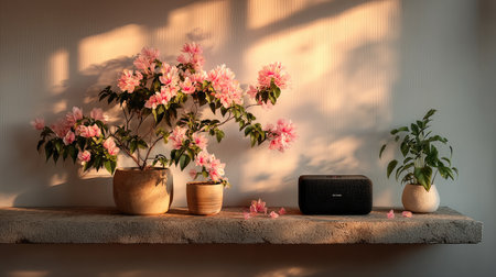A sleek black device on the right, a simple wooden shelf in front of it with two potted plants and pink flowers casting shadows on an empty white wall behind. The soft morning light creates gentle highlights and shadows, enhancing the minimalist aesthetic. --ar 16:9 --quality 2 --stylize 750 --v 7 Job ID: 67744ecb-cf99-4d91-88f4-dae085945ab5の素材