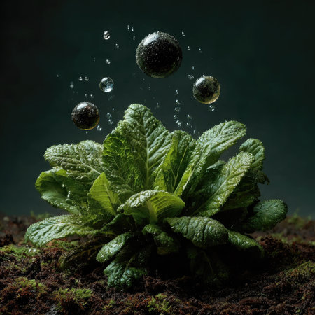 A small, lush green plant is sprouting from the ground, with water droplets suspended in mid-air above it. A black sphere is floating above the dirt. The dark and green background serves to highlight the objects being featured --chaos 30 --stylize 750 --v 7 Job ID: c97cf53c-0553-4790-93aa-571cd313cc1cの素材
