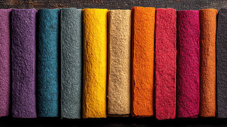 A set of hand-dyed paper swatches in various colors, showcasing the variety and beauty of each color on textured papers. The colors range from deep purples to bright oranges, with shades that blend seamlessly between hues. Each piece is carefully arranged side by side for easy comparison, offering an immersive experience where you can see how these colorful paper samples convey their unique aesthetic essence. --ar 16:9 --quality 2 --stylize 750 --v 7 Job ID: b8eecae1-f8ee-497c-b12c-4b7c9aed51eaの素材