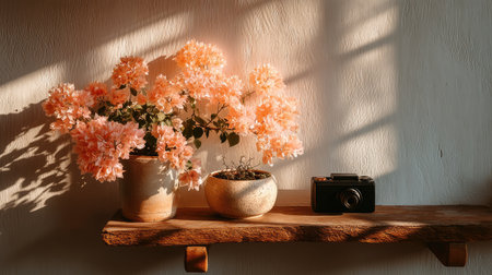 A sleek black device on the right, a simple wooden shelf in front of it with two potted plants and pink flowers casting shadows on an empty white wall behind. The soft morning light creates gentle highlights and shadows, enhancing the minimalist aesthetic. --ar 16:9 --quality 2 --stylize 750 --v 7 Job ID: 67744ecb-cf99-4d91-88f4-dae085945ab5の素材
