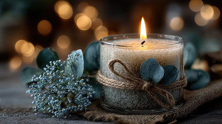 A scented candle, wrapped in jute and eucalyptus leaves, is placed on the right side of the frame, with a light grey background and a white tabletop. The candle's wax glows softly against a soft, pastel-like bokeh background, creating an atmosphere filled with warmth and tranquility. This scene embodies relaxation through the aroma of the candle and the comfort associated with spa experiences. It gives off an elegant ambiance that adds depth and sophistication to the space. --chaos 20 --ar 16:9 --stylize 750 --v 7 Job ID: f86de650-15d0-4af6-9b48-372bcb6226f5の素材