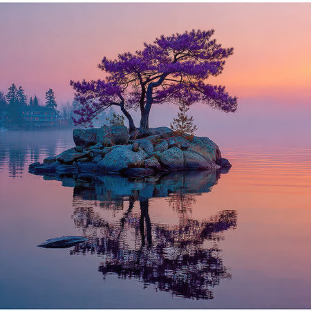 A serene lake with fog rising from its surface, reflecting the sky and surrounding trees in soft pastel hues of blue, purple, and pink. A small island sits at one end of the water, covered by a solitary pine tree. The scene is peaceful and tranquil, perfect for relaxation or meditation. --chaos 30 --stylize 750 --v 7 Job ID: aad14c1b-3925-4b6a-8580-dbc1c96dc1a6の素材