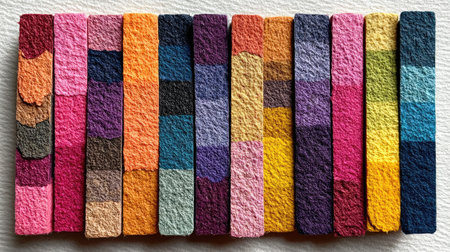 A set of hand-dyed paper strips in various colors, arranged side by side on a white background to create an elegant and colorful display. The colors include shades of pink, orange, purple, yellow, red, and blue, creating a visually appealing pattern that would be perfect for art projects or creative designs. Each strip is slightly textured with the natural grain from handmade watercolor paper, adding depth and character to each piece. --chaos 20 --ar 16:9 --stylize 750 --v 7 Job ID: 9d973dfe-4b0f-46b8-88d8-1d28536ce5b7の素材