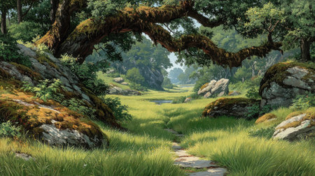 A serene, misty meadow with lush green grass and towering oak trees. The sunlight filters through the leaves, creating dappled light on the ground. A large, moss-covered tree branch hangs down from above. In the style of fantasy illustration. --ar 16:9 --quality 2 --stylize 750 --v 7 Job ID: 887b34ac-5970-4ec4-ade4-701dc633fdafの素材