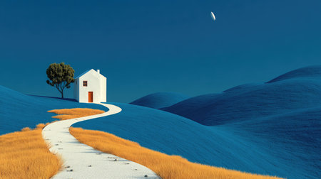 A small house on top of the green hill, surrounded by undulating hillsides, in the style of a minimalist landscape style, with a vibrant stage background, minimalist backgrounds, and high-definition images. The white roof contrasts with the lush grassland, creating an elegant scene. A tree stands tall in front of it. --ar 16:9 --quality 2 --stylize 750 --v 7 Job ID: e2bc1a49-d53e-487b-954a-6f494adcb1a9の素材