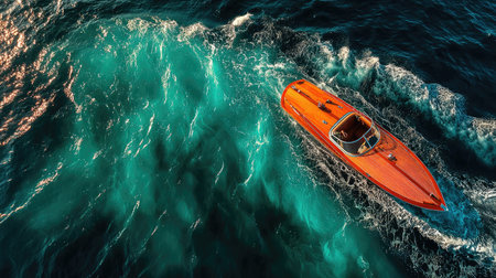 A small orange speedboat with white waves behind it on black water, smoke coming from the back of the boat, drone shot, minimalist, dark blue background, overhead view, hyper-realistic photography. --ar 16:9 --quality 2 --stylize 750 --v 7 Job ID: 83ec66a8-ca36-4015-a934-9be8fdbae637の素材