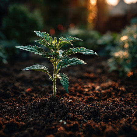 A single sprout emerging from the rich soil, bathed in sunlight with verdant hues, symbolizing new life and growth for World Wildlife Day. --chaos 30 --stylize 750 --v 7 Job ID: 26f82299-69a2-4d3f-92d5-ff2659535ebdの素材