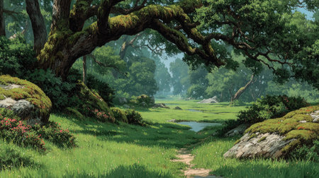 A serene, misty meadow with lush green grass and towering oak trees. The sunlight filters through the leaves, creating dappled light on the ground. A large, moss-covered tree branch hangs down from above. In the style of fantasy illustration. --ar 16:9 --quality 2 --stylize 750 --v 7 Job ID: 887b34ac-5970-4ec4-ade4-701dc633fdafの素材
