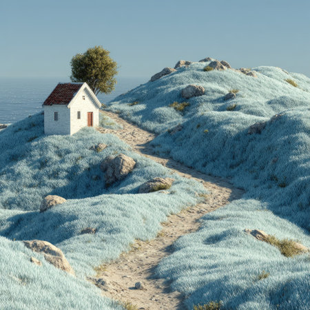 A small house on top of the green hill, minimalist landscape style, smooth lines, white and light blue, green grassland background, bright sunshine, high-resolution photography, wide-angle lens perspective, pure colors, tranquil atmosphere. The small house stands tall against the backdrop of rolling hills, with lush trees casting shadows in its surroundings. --chaos 30 --stylize 750 --v 7 Job ID: dc0e4f3a-8a9b-4d32-97a8-a394ea8c2369の素材
