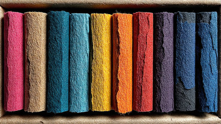 A set of hand-dyed paper strips in various colors, arranged side by side on a white background to create an elegant and colorful display. The colors include shades of pink, orange, purple, yellow, red, and blue, creating a visually appealing pattern that would be perfect for art projects or creative designs. Each strip is slightly textured with the natural grain from handmade watercolor paper, adding depth and character to each piece. --chaos 20 --ar 16:9 --stylize 750 --v 7 Job ID: 9d973dfe-4b0f-46b8-88d8-1d28536ce5b7の素材